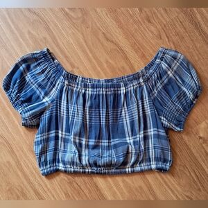 American Eagle Outfitters Blue and White Puff Sleeve Crop Blouse